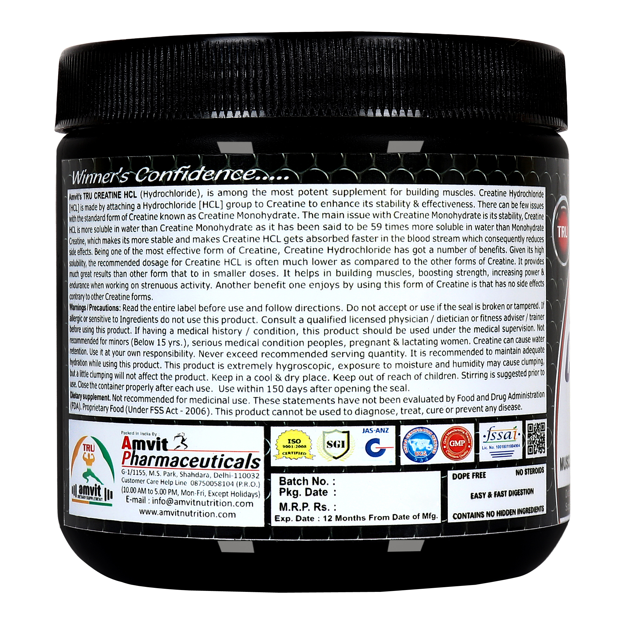 Creatine Hcl - 200g Plastic Bottle, 100% Pure Formula | 2 Veg Capsules, Fast Absorption, Muscle Building, No Side Effects, High Solubility