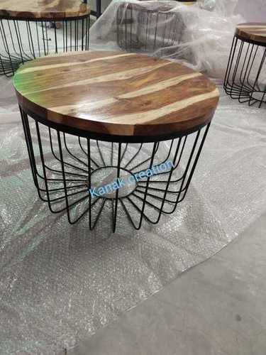 Handcrafted Round Coffee Table - Solid Wood with Iron Frame, Black Finish | Antique Design, Eco-Friendly, Handmade Elegance