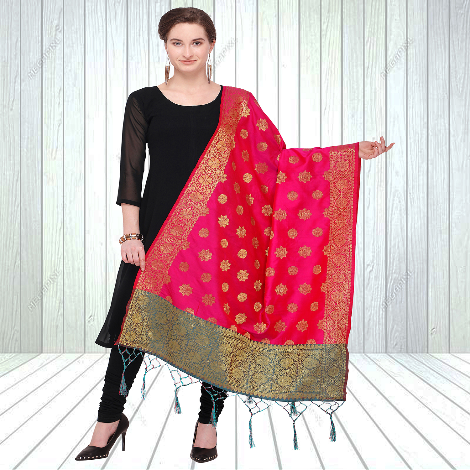 Banarasi Silk Woven Dupatta - 2.20 M Length, 0.85 M Width | Black And Blue Tussles, Embroidered Elegance For Ethnic Occasions