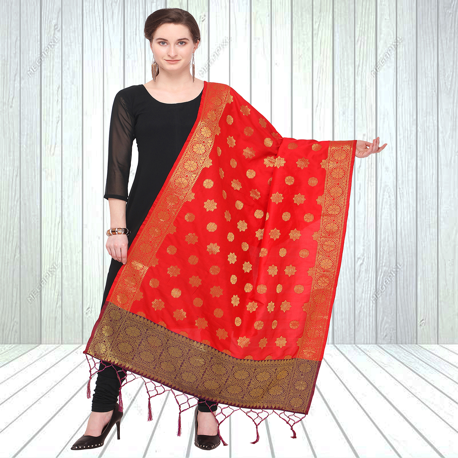 Banarasi Silk Woven Dupatta - 2.20 M Length, 0.85 M Width | Black And Blue Tussles, Embroidered Elegance For Ethnic Occasions