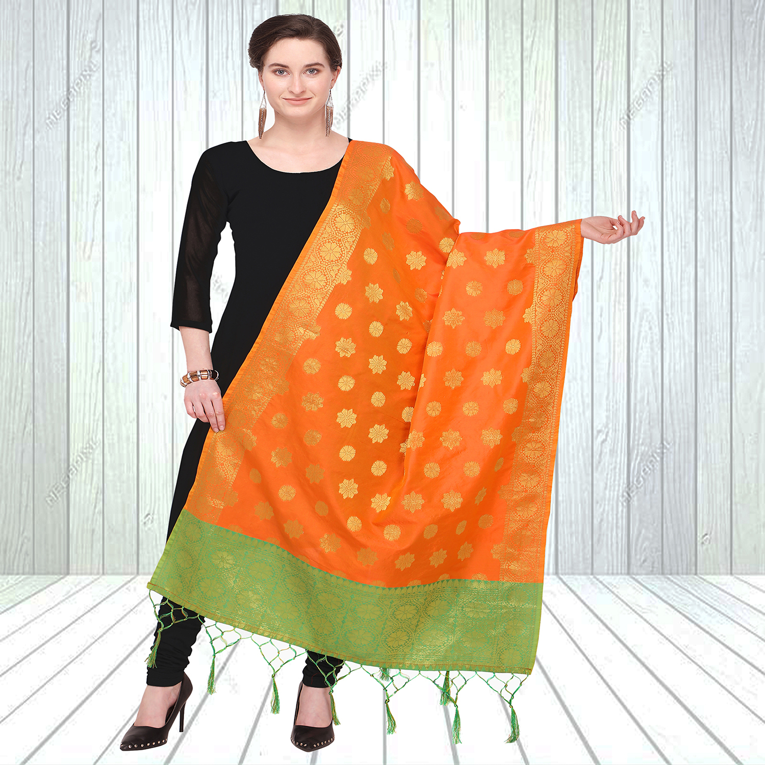 Banarasi Silk Woven Dupatta - 2.20 M Length, 0.85 M Width | Black And Blue Tussles, Embroidered Elegance For Ethnic Occasions