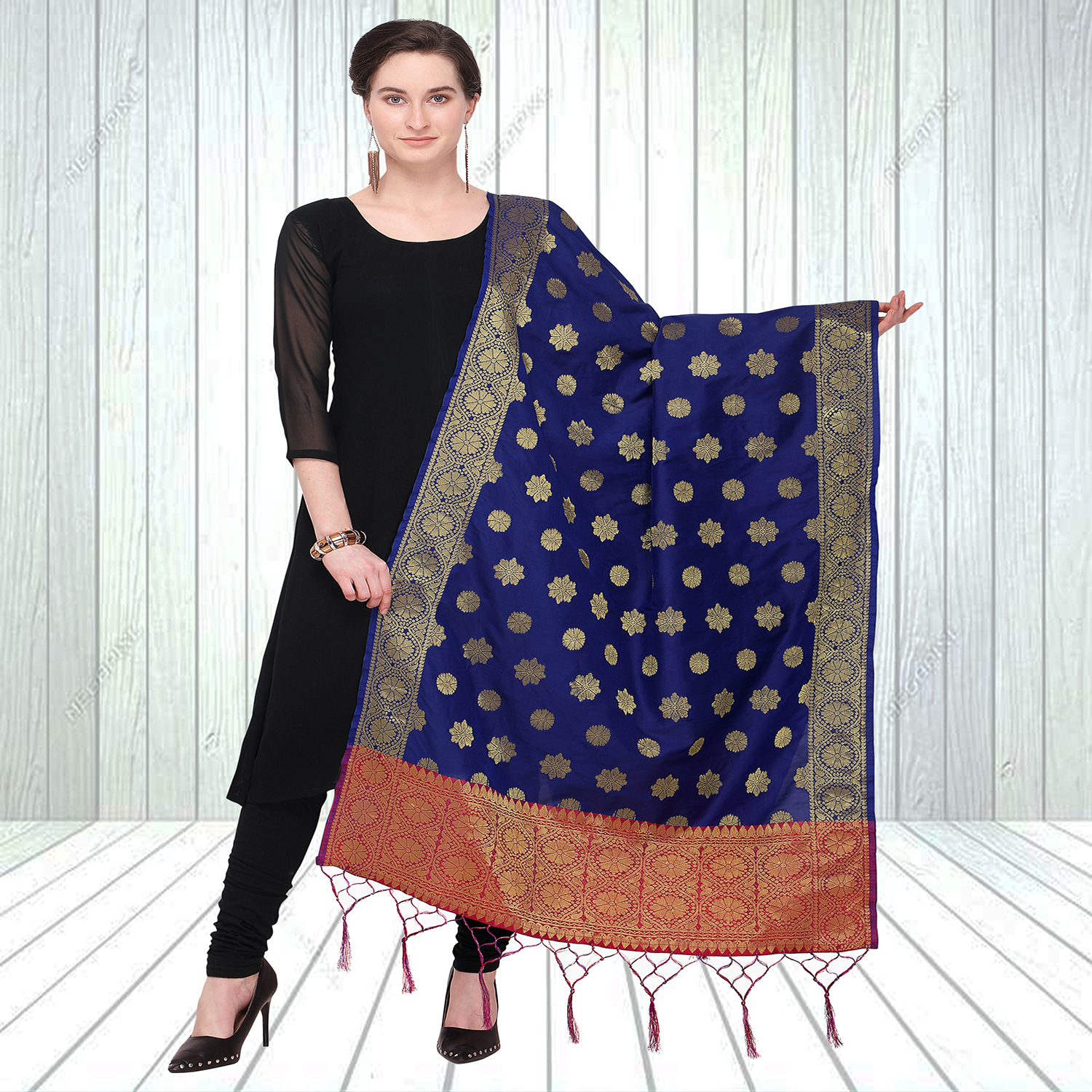 Banarasi Silk Woven Dupatta - 2.20 M Length, 0.85 M Width | Black And Blue Tussles, Embroidered Elegance For Ethnic Occasions