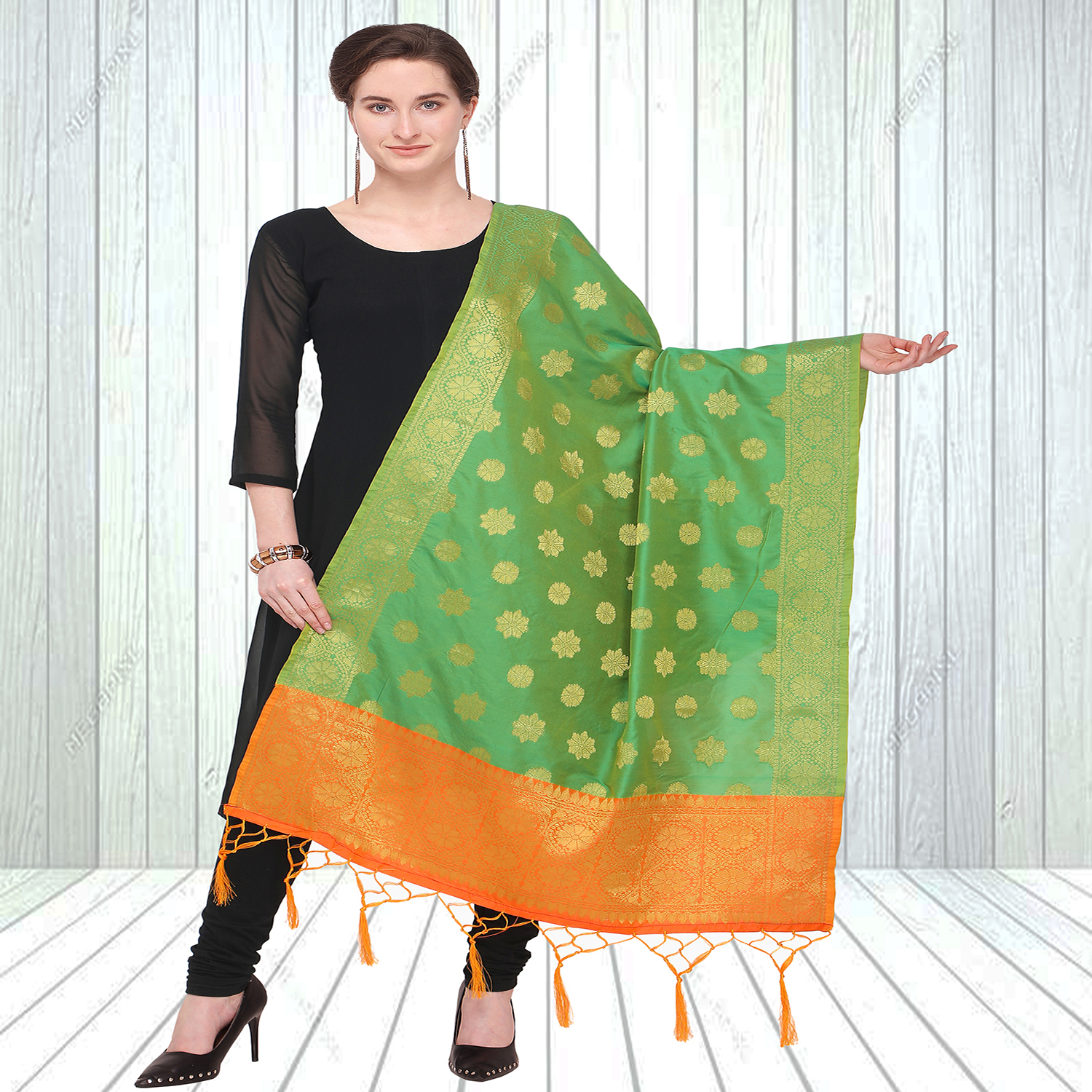 Banarasi Silk Woven Dupatta - 2.20 M Length, 0.85 M Width | Black And Blue Tussles, Embroidered Elegance For Ethnic Occasions