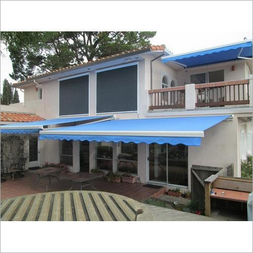 Blue Terrace Awnings - Polyester, Adjustable Height: 22-54 inches, Eye-Catching Blue, Waterproof Fabric, Chrome Finished Metal Frame