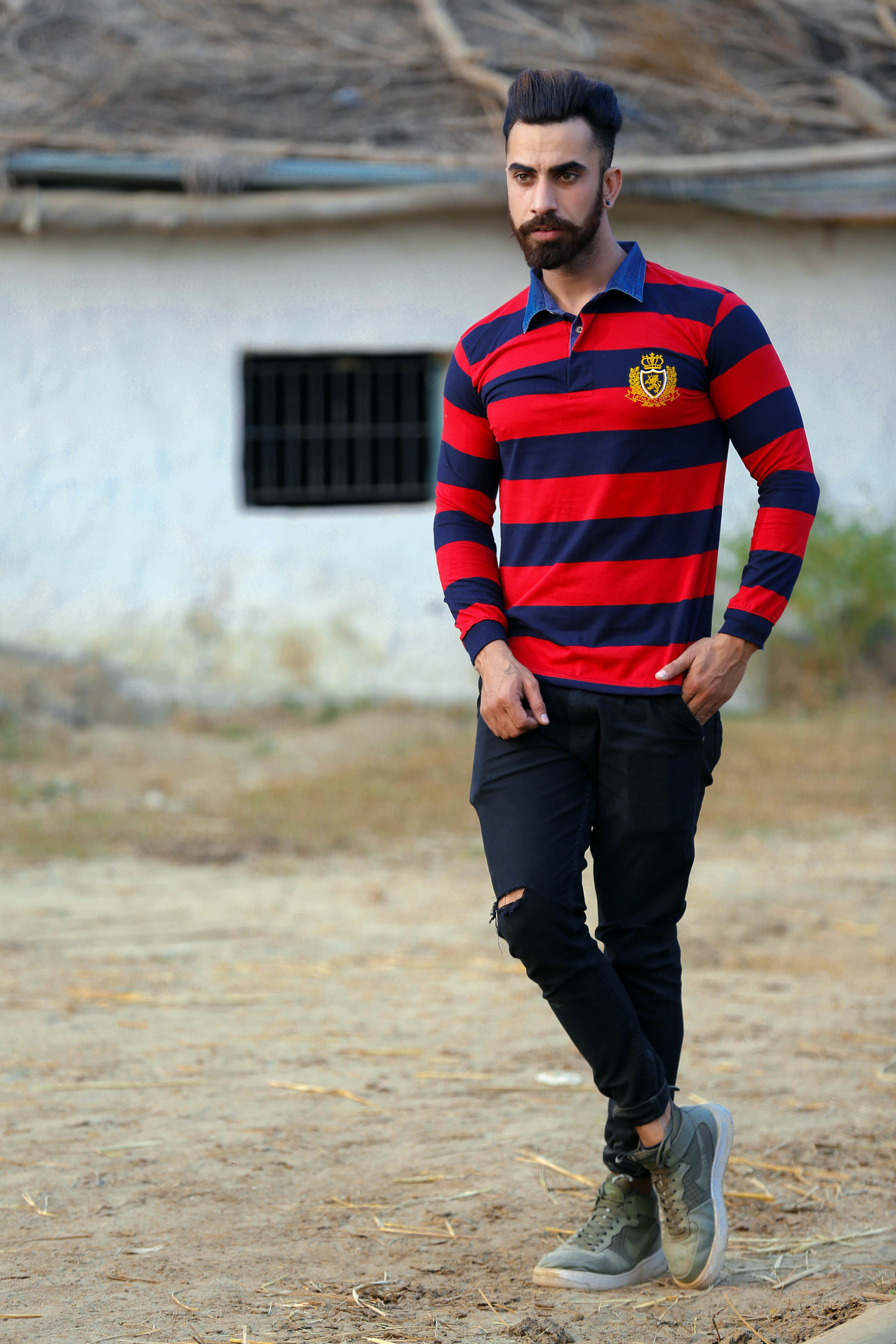 Mens Full Sleeve Polo T-shirt - 80% Cotton 20% Polyester, Long Sleeve, O-neck, Striped Pattern, Available In Grey, Red, Navy Blue, White, Mustard, Sizes L-xxl