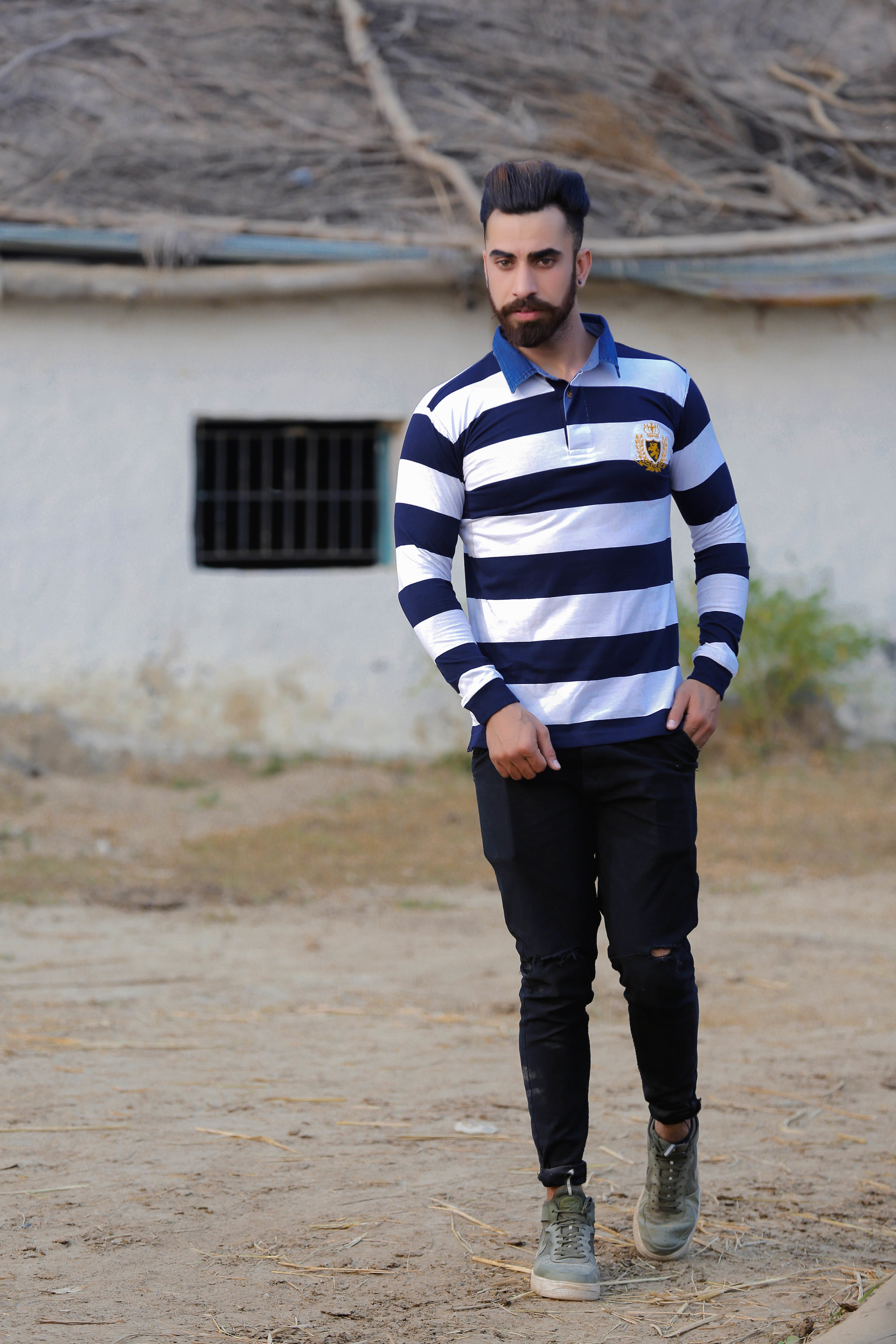 Mens Striped Designer Polo T-shirt - 80% Cotton 20% Polyester, Grey Red Navy Blue White Mustard | Long Sleeve O-neck For Ages 15 To 65