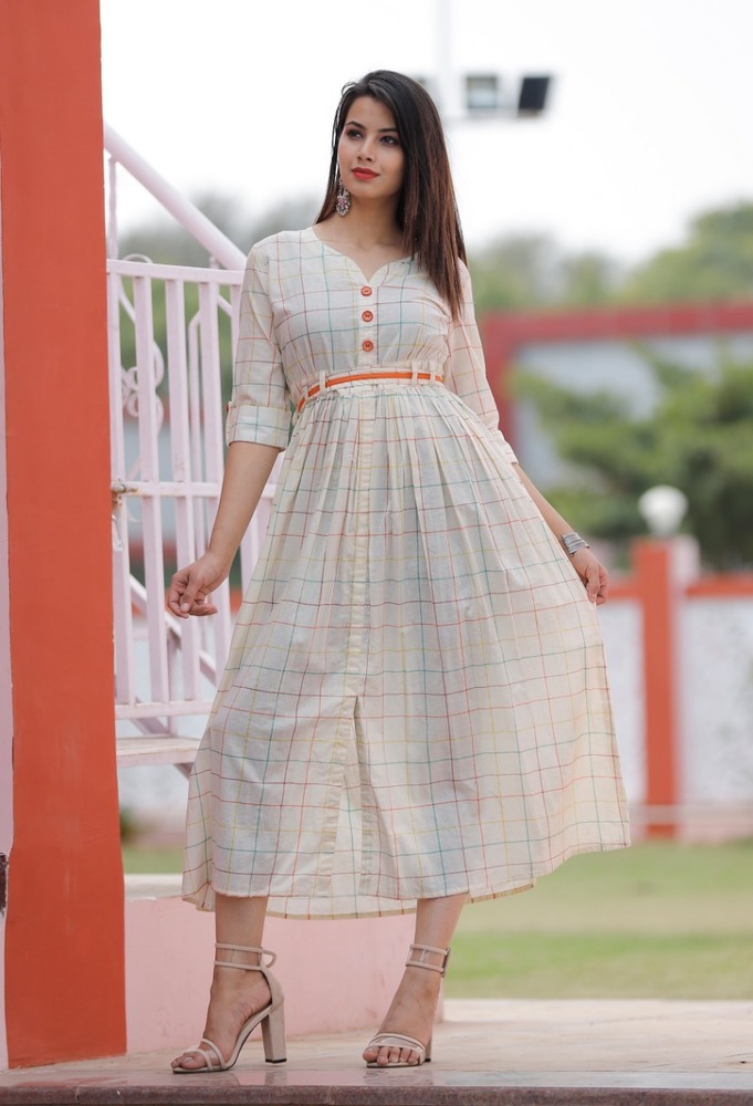 Cotton Kurti - Cotton, Length: 40 Inch, Color: Off White, 3/4 Sleeves, Round Neck, Trendy Style | Anti UV, Breathable, Cool Dry, Dry Cleaning