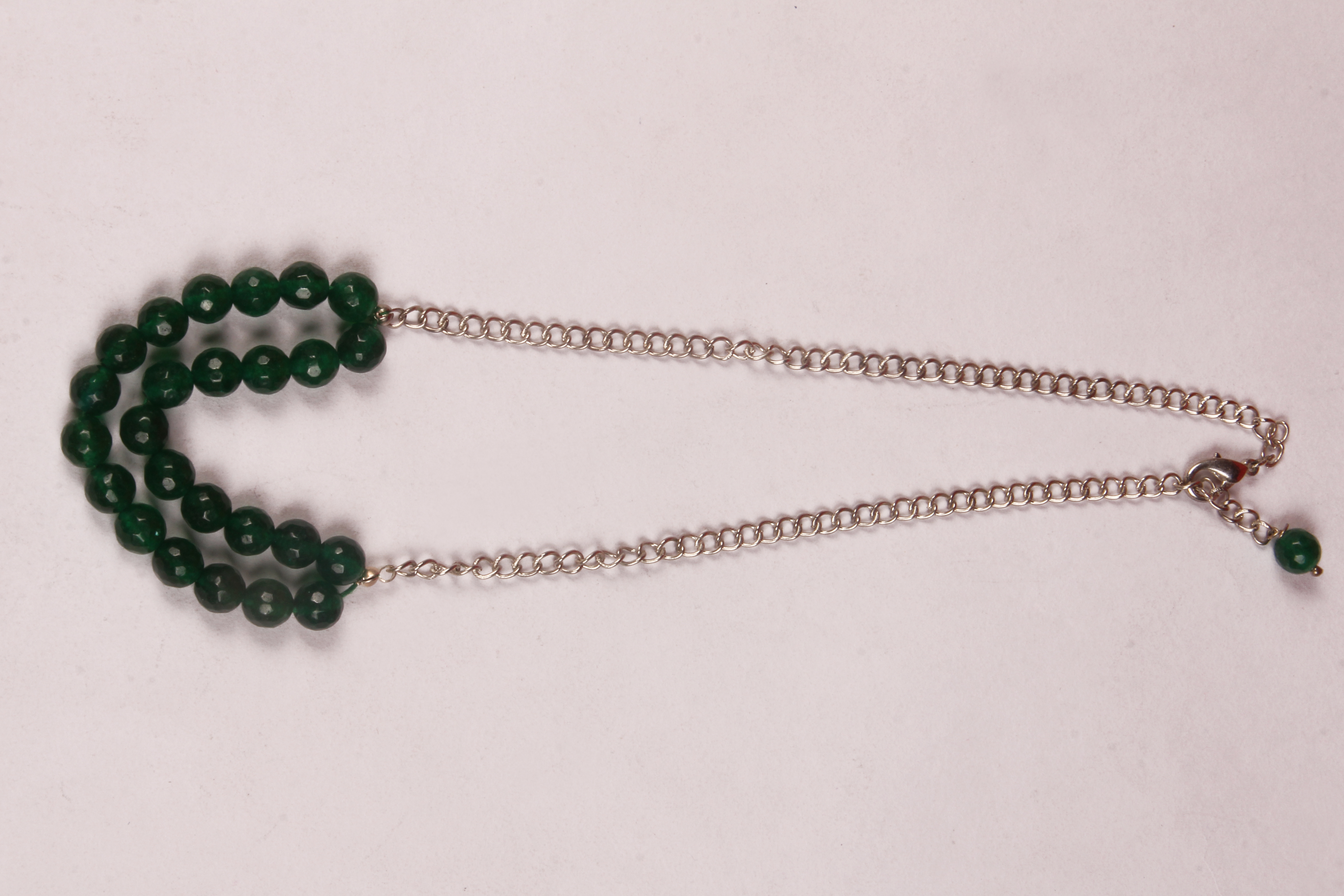 Green Jade Necklace - Jade Material, Round Faceted Beads , Silver Chain With Lobster Clasp Closure
