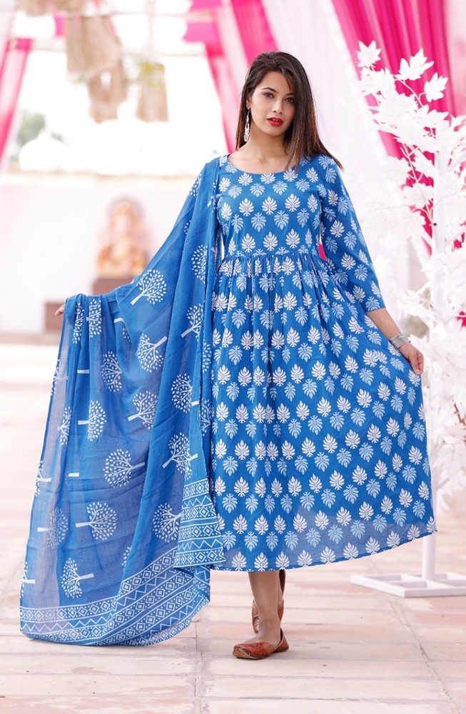 Cotton Kurti - 3-4th Sleeve, Round Neck, 48 Inch Length, Size L/XL/XXL | Blue, Printed, Breathable, No Fade, Washable, Suitable for All Seasons