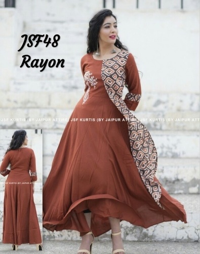Ladies Designer Long Rayon Kurti - A-Line Style, 3/4 Sleeve, Sizes M-XXL, Brown Color | Breathable, No Fade, Quick Dry, Washable