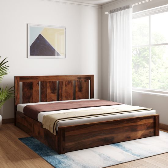Wooden Bed - Sheesham Wood, 6x6 Ft, Brown Finish | 75 Kg Weight, Partial Assembly, 1 Year Warranty, Ideal For Bedroom Sleeping Space & Storage