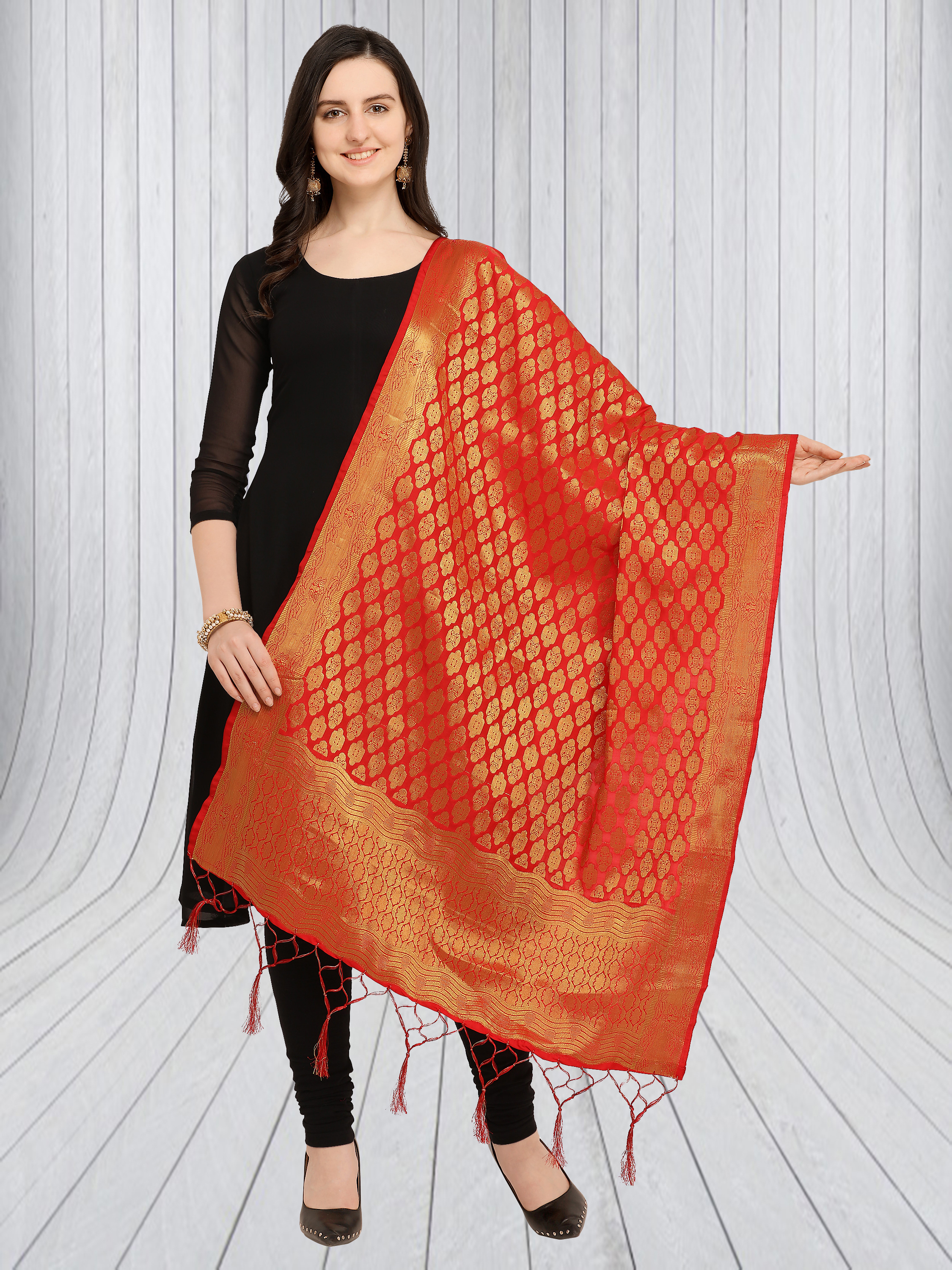 Banarasi Silk Woven Dupatta - 2.20m X 0.85m , Black & Orange With Fancy Tussles, Embroidered Pattern Suitable For Ethnic Wear