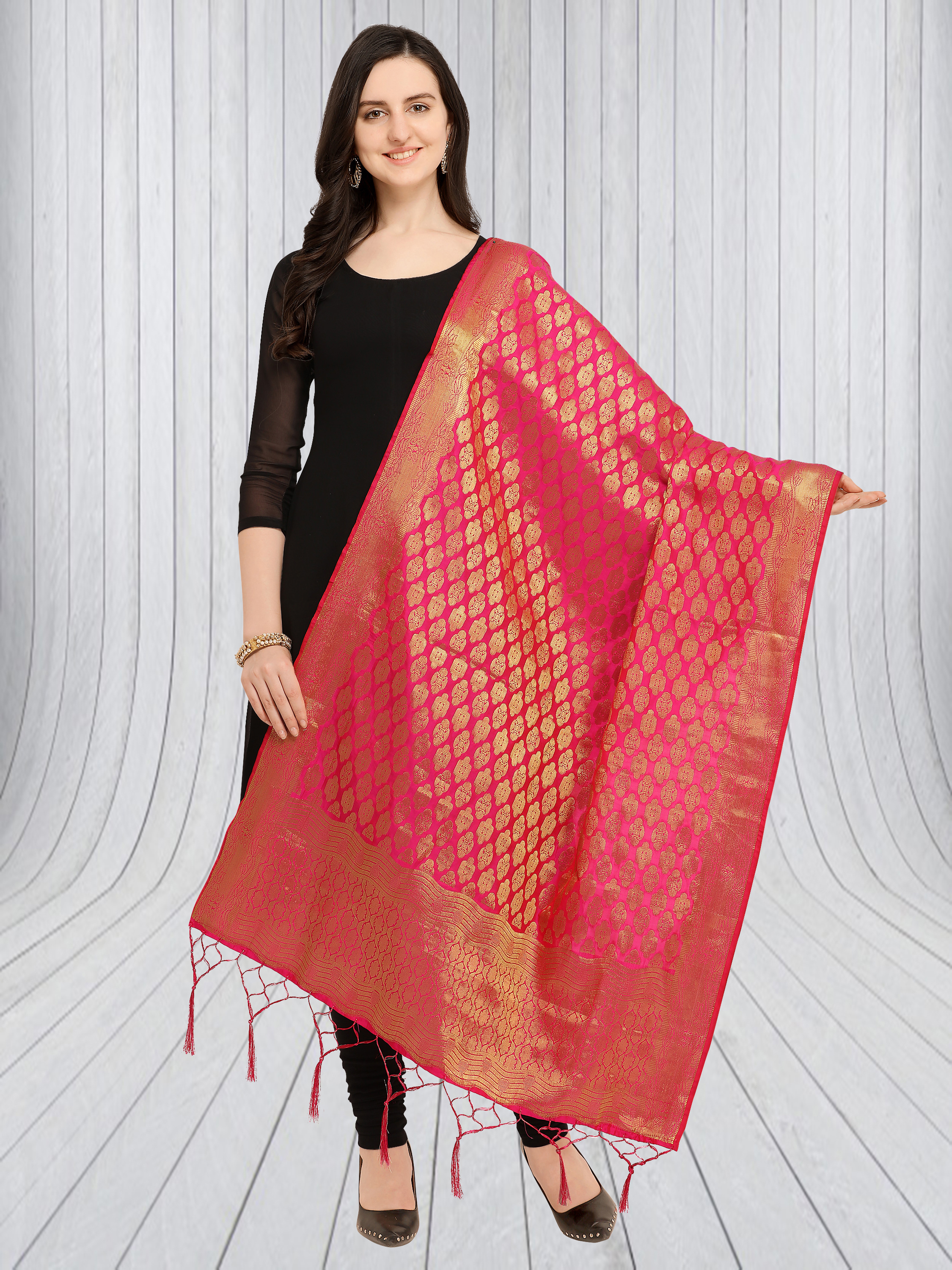 Banarasi Silk Woven Dupatta - 2.20m X 0.85m , Black & Orange With Fancy Tussles, Embroidered Pattern Suitable For Ethnic Wear