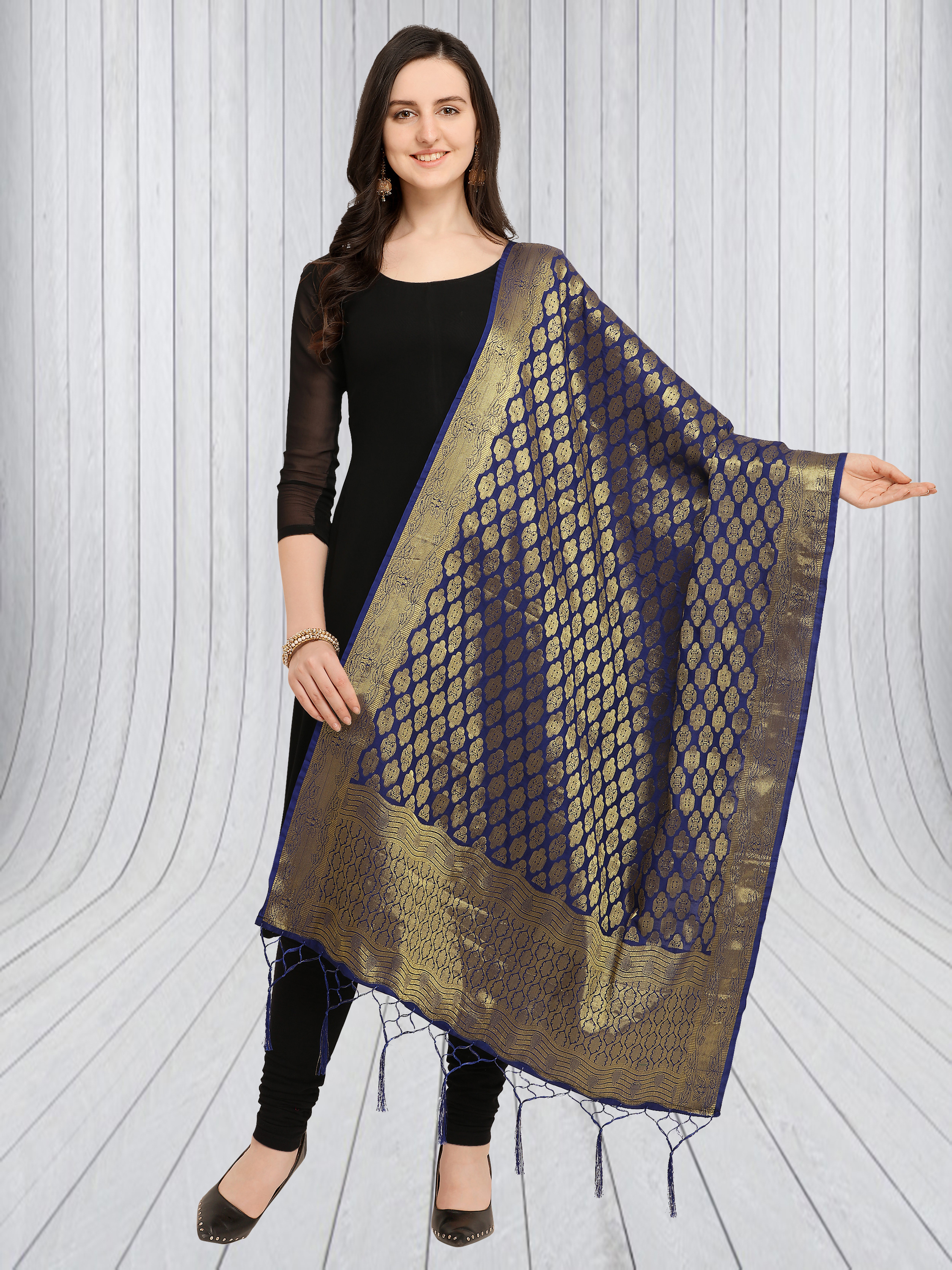 Banarasi Silk Woven Dupatta - 2.20m X 0.85m , Black & Orange With Fancy Tussles, Embroidered Pattern Suitable For Ethnic Wear