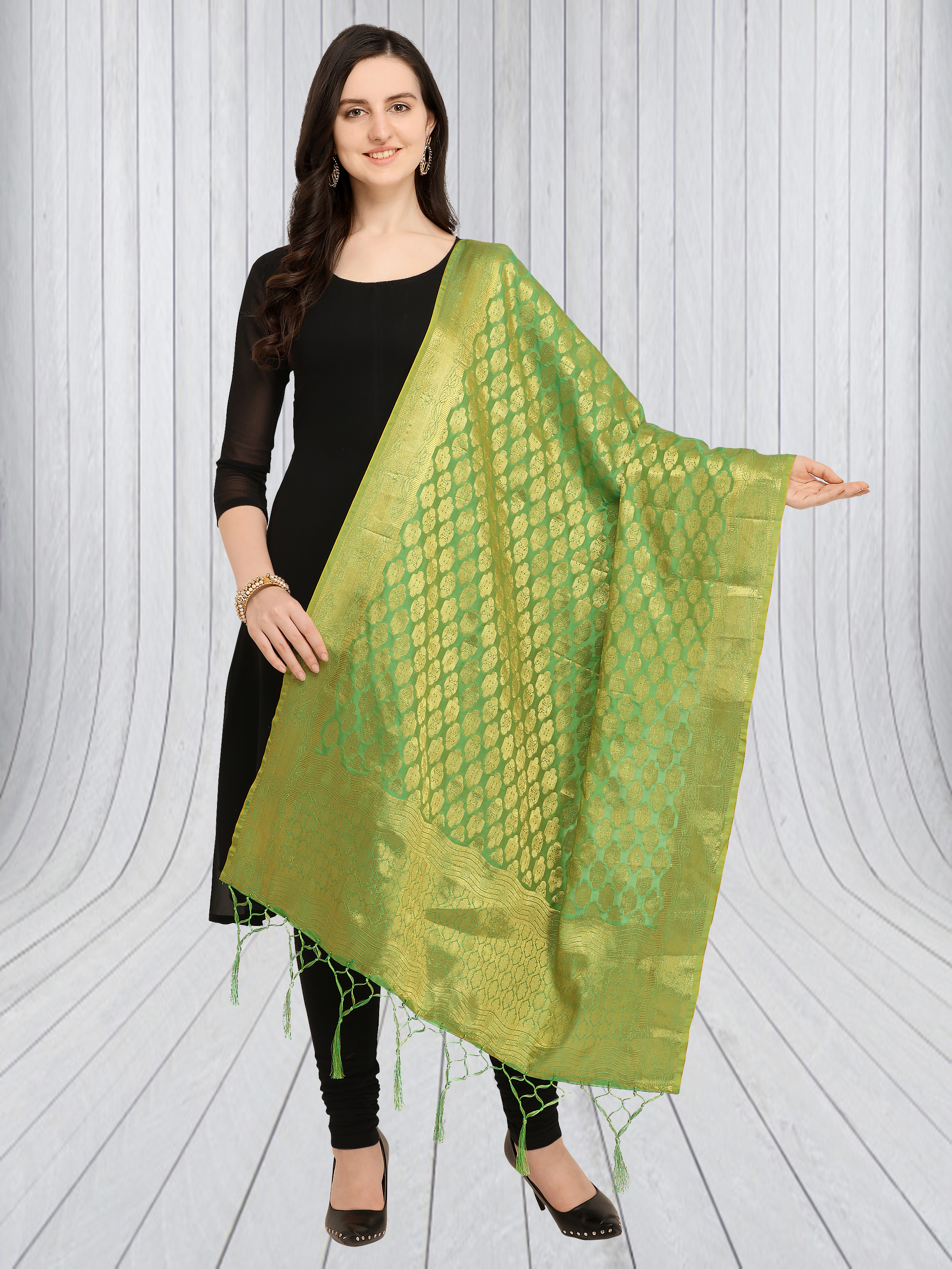 Banarasi Silk Woven Dupatta - 2.20m X 0.85m , Black & Orange With Fancy Tussles, Embroidered Pattern Suitable For Ethnic Wear