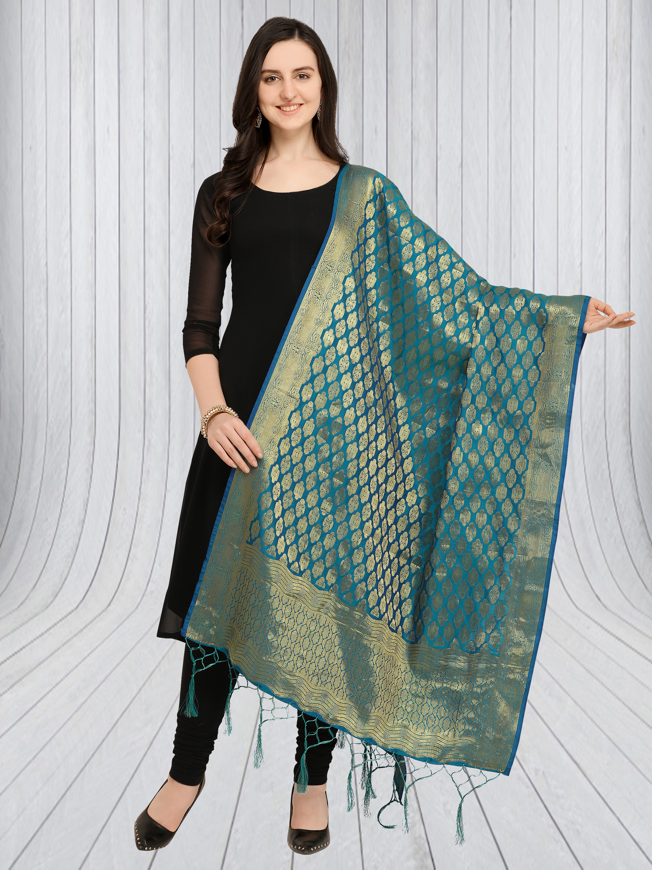 Banarasi Silk Woven Dupatta - 2.20m X 0.85m , Black & Orange With Fancy Tussles, Embroidered Pattern Suitable For Ethnic Wear