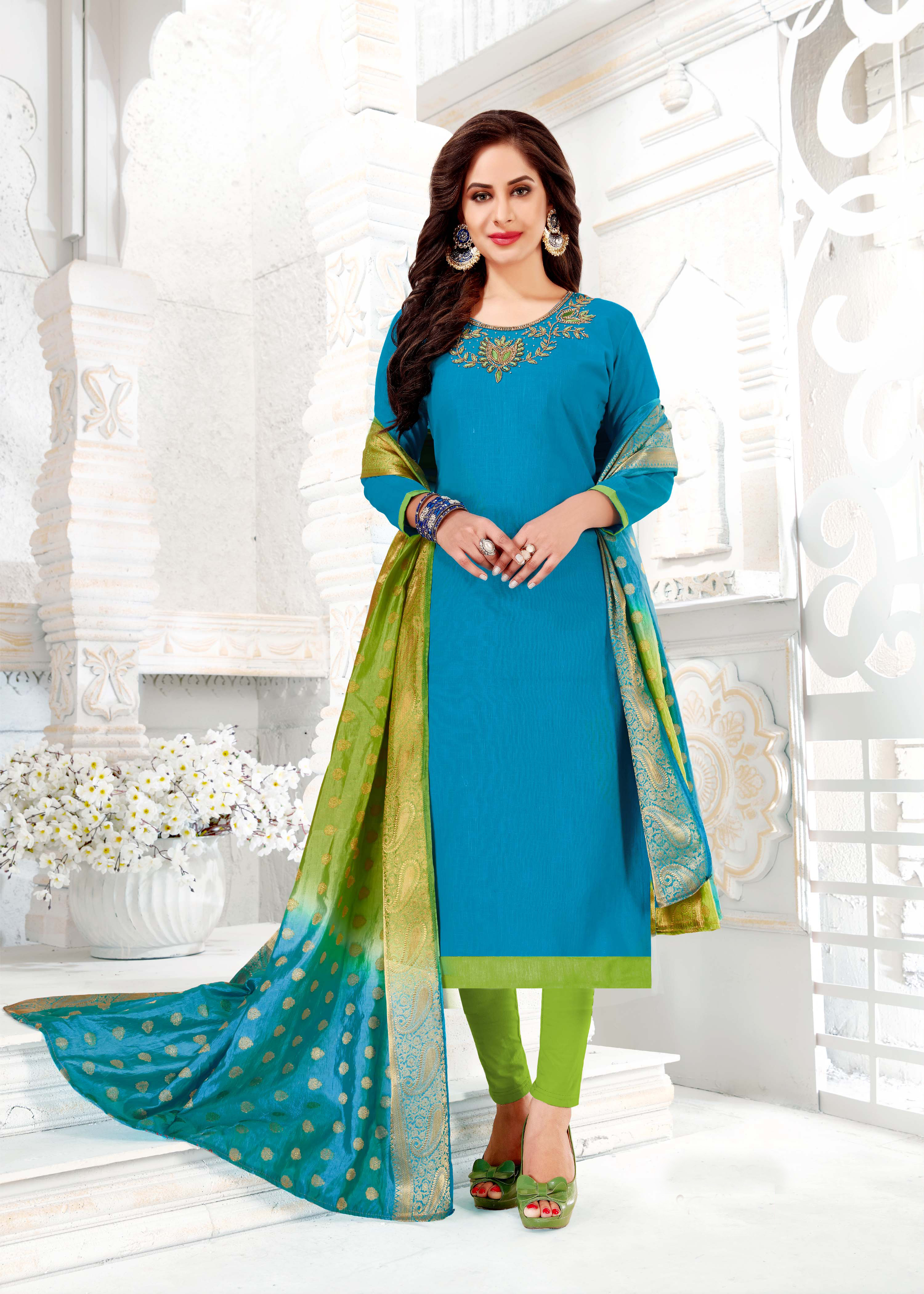 slub silk dress material Blue Plain Slub Silk 2pc Unstitched Dress Material Kurta Set with Earrings