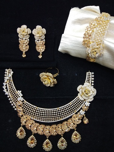 Imitation Jewelry Set - Gold Plated, Stick Necklace Design | 
Cubic Zirconia Stones in Shampain and White, Includes Earrings, Bracelet & Ring