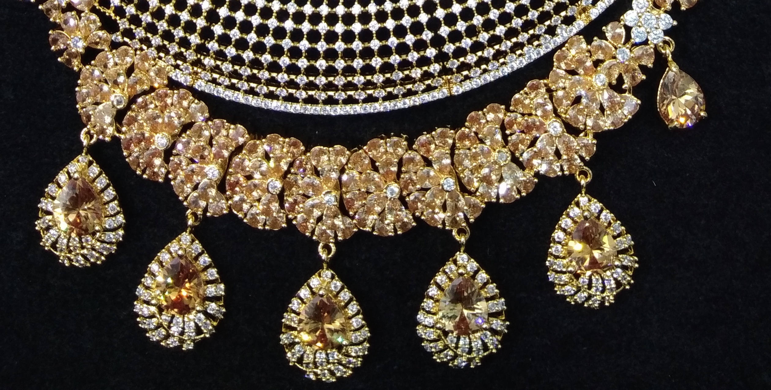 Imitation Necklace - Gold Plated, Stick Necklace Design | Includes Earring, Bracelet & Finger Ring, Featuring Shampen & White Cubic Zirconia Stones