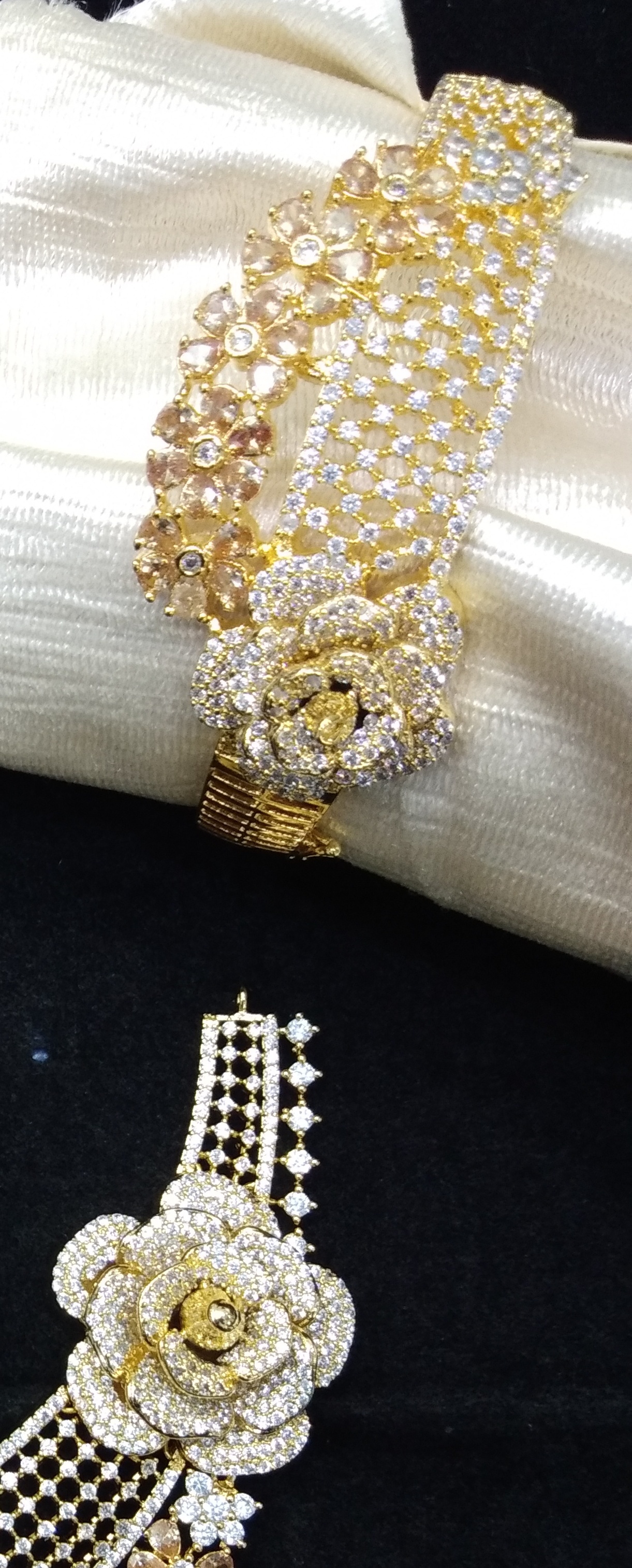 Imitation Necklace - Gold Plated, Stick Necklace Design | Includes Earring, Bracelet & Finger Ring, Featuring Shampen & White Cubic Zirconia Stones