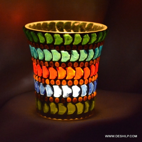 Multicolored Design Multi Mosaic Glass Candle Holder - Style: Antique Imitation