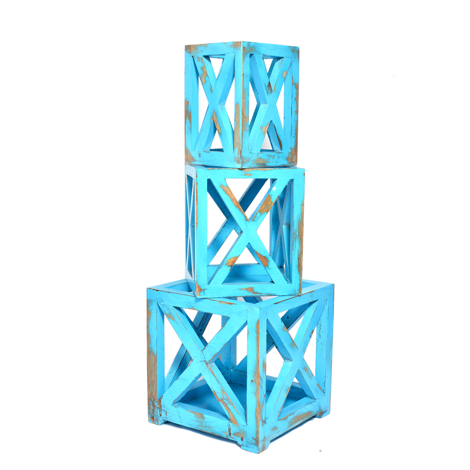 Indian Handmade Wooden Rustic Painted Risers Home Decorative Flower Pot - Material: Wood