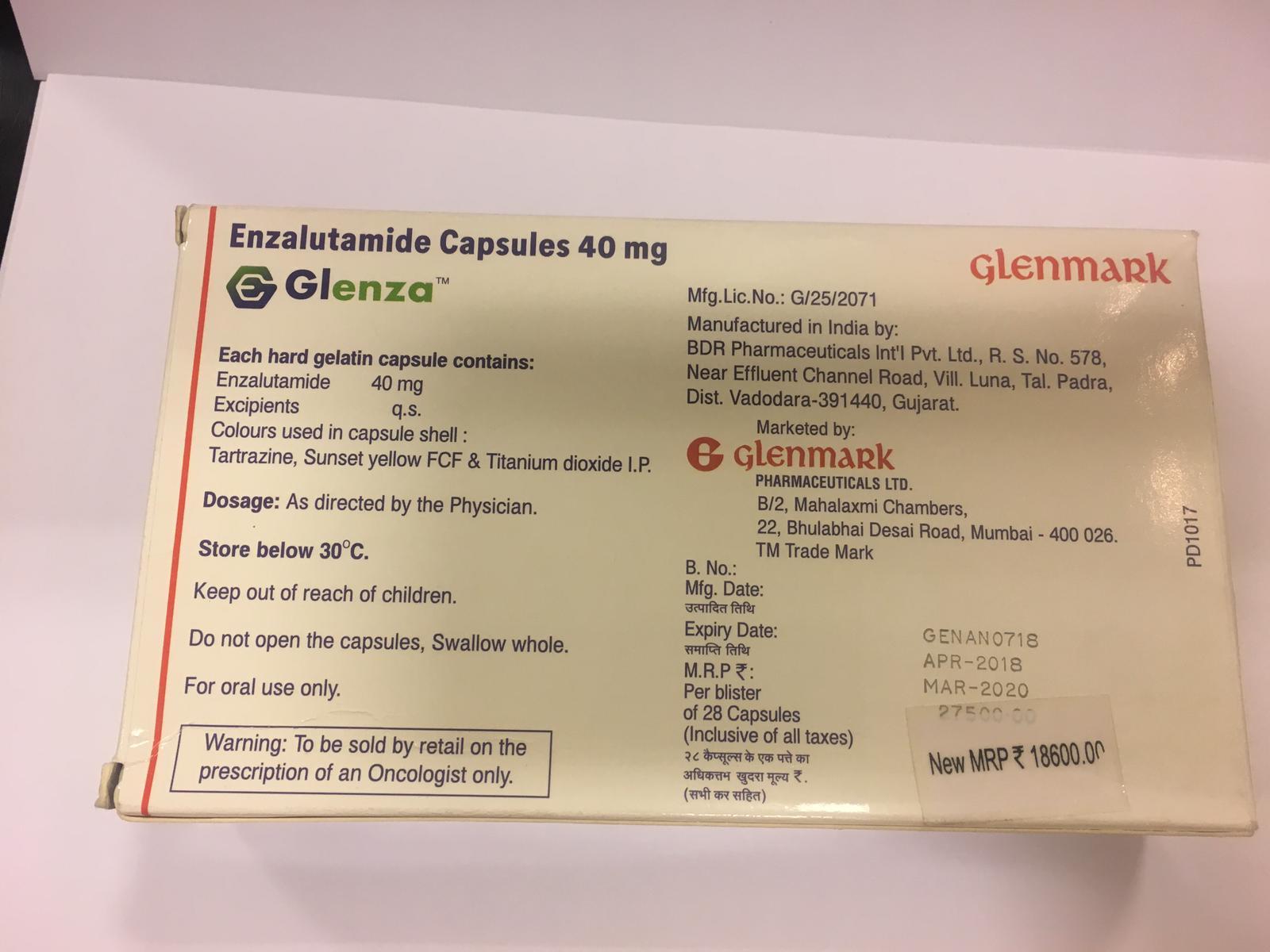 Glenza 40 Mg Capsules - Enzalutamide 40 Mg, Hard Gelatin Capsules For Metastatic Castration-resistant Prostate Cancer Treatment, Oral Use