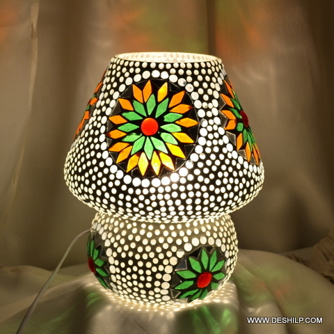 White And Multicolor Beautiful Glass Mosaic Table Lamp - Finish: Handmade