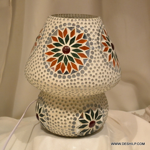 White And Multicolor Beautiful Glass Mosaic Table Lamp - Finish: Handmade