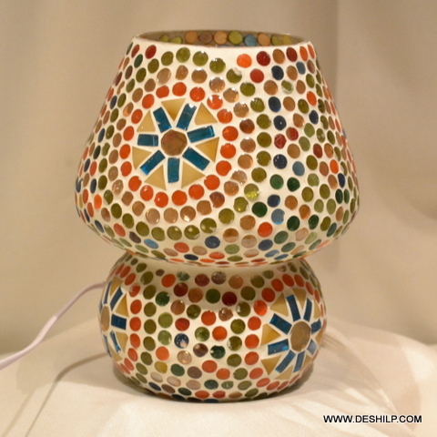 Orange & Multicolor Mosaic Handmade Glass Table Lamp - Glass & Metal, 4.5x10-5.5x15 Inch, Multicolor, Round, Handmade, Polished Finish, Weighs 3-7 Kg