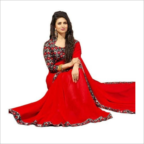 Cotton Ladies Red Plain Saree
