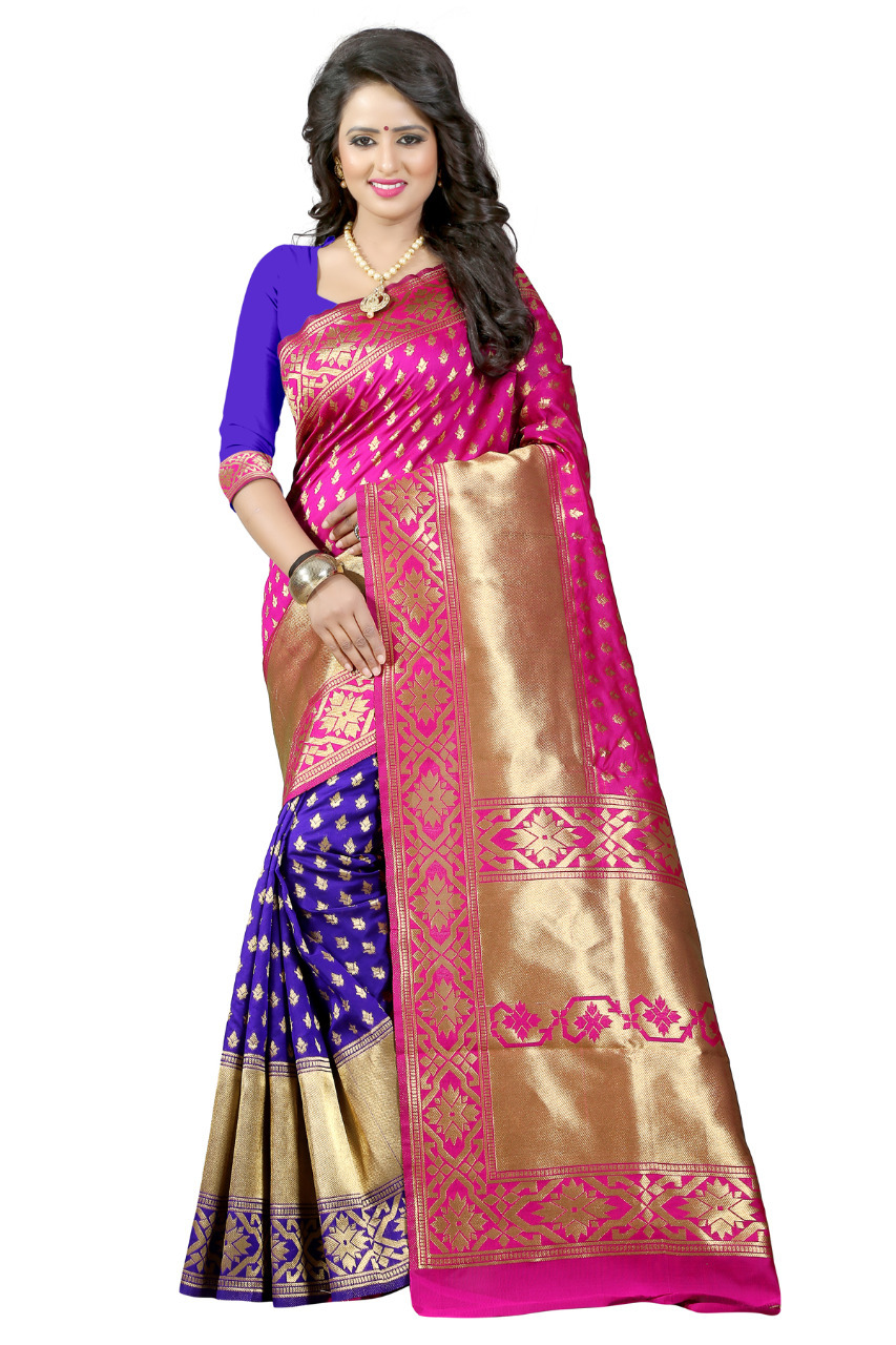 Banarasi Silk Half And Half Saree - Rich Pallu With Contrast Blouse | All Season Wear, Washable, Breathable, Traditional Ethnic Style