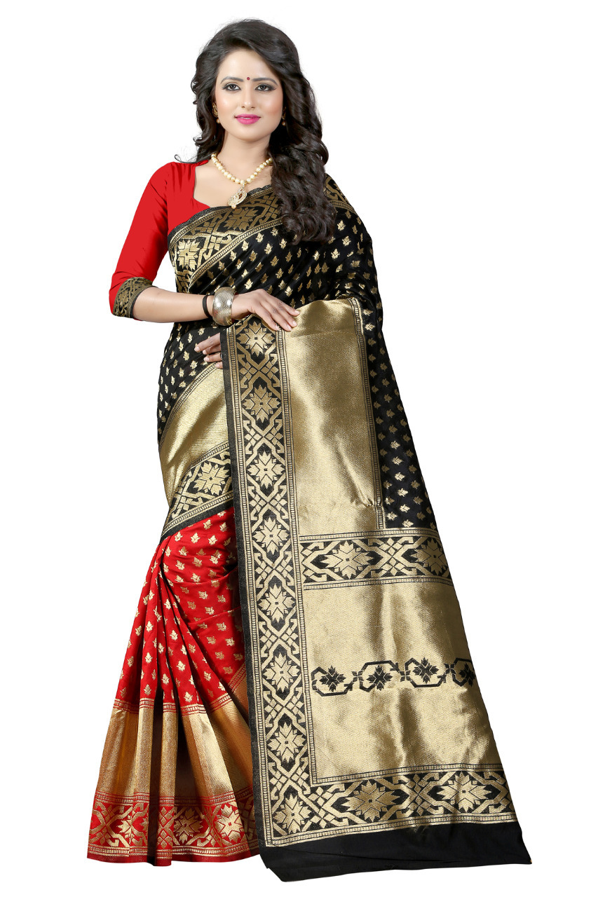 Banarasi Silk Half And Half Saree - Rich Pallu With Contrast Blouse | All Season Wear, Washable, Breathable, Traditional Ethnic Style