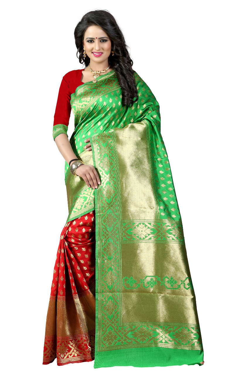 Banarasi Silk Half And Half Saree - Rich Pallu With Contrast Blouse | All Season Wear, Washable, Breathable, Traditional Ethnic Style