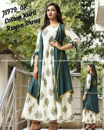 Green Designer Cotton Kurti With Rayon Shrug
