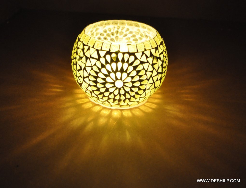 Glass Green & White Mosaic Candle Holder