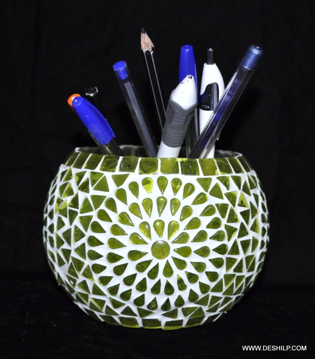 Glass Green & White Mosaic Candle Holder