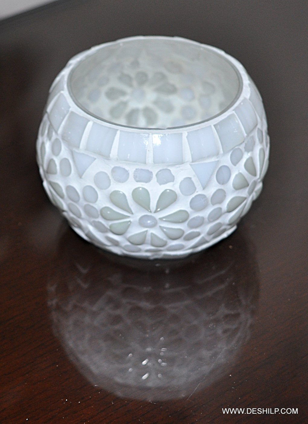 Glass White Mosaic And Antique Effect Candle Holder