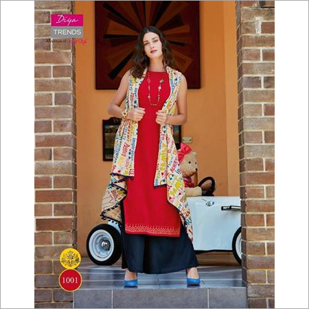 Party Wear Kurtis - Cotton, Customized Sizes, Red & Blue Colors | Printed Design, Sleeveless Style, Washable & Dry Cleanable for All Seasons