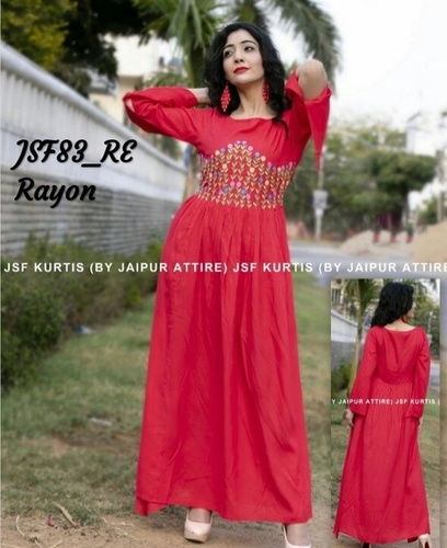 Red A-Line Embroidered Rayon Kurti