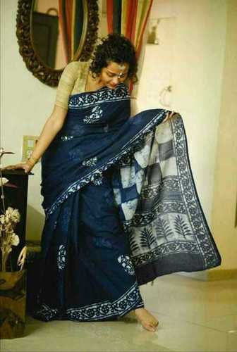 Blue And All Dabu Printed Ladies Cotton Saree