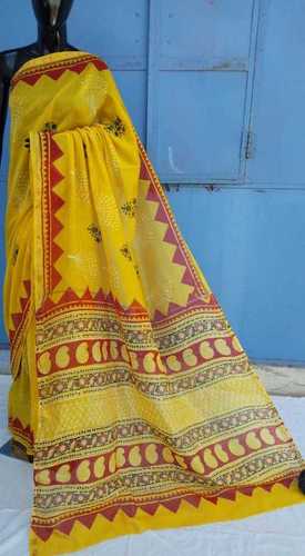 Yellow And All Hand Block Printed Cahnderi Saree