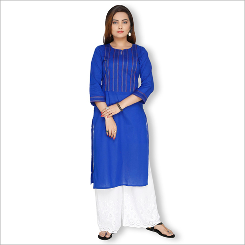 Ladies Designer Kurti With Palazzo - Cotton, 42 Inch Length, Blue Color | 3-4th Sleeve, Washable, Casual Style