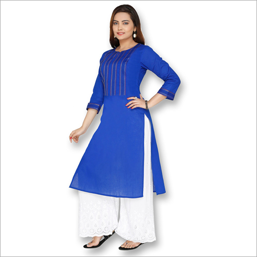 Ladies Designer Kurti With Palazzo - Cotton, 42 Inch Length, Blue Color | 3-4th Sleeve, Washable, Casual Style