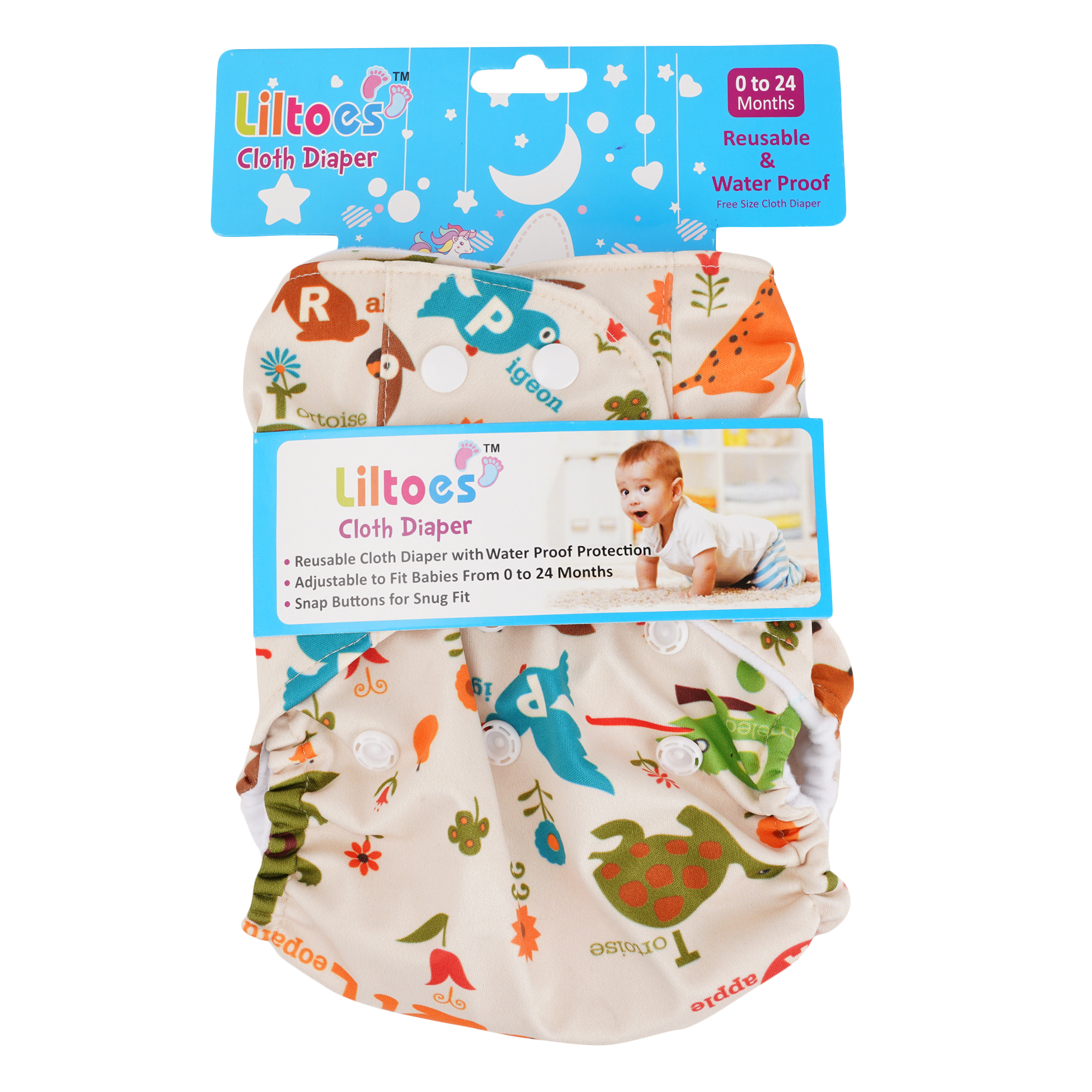 Baby Cloth Diaper - Cotton, Free Size (5 Kg - 17 Kg) , Multicolored, Adjustable For Ages 3 Months To 3 Years, 300 Wash Reusable Feature