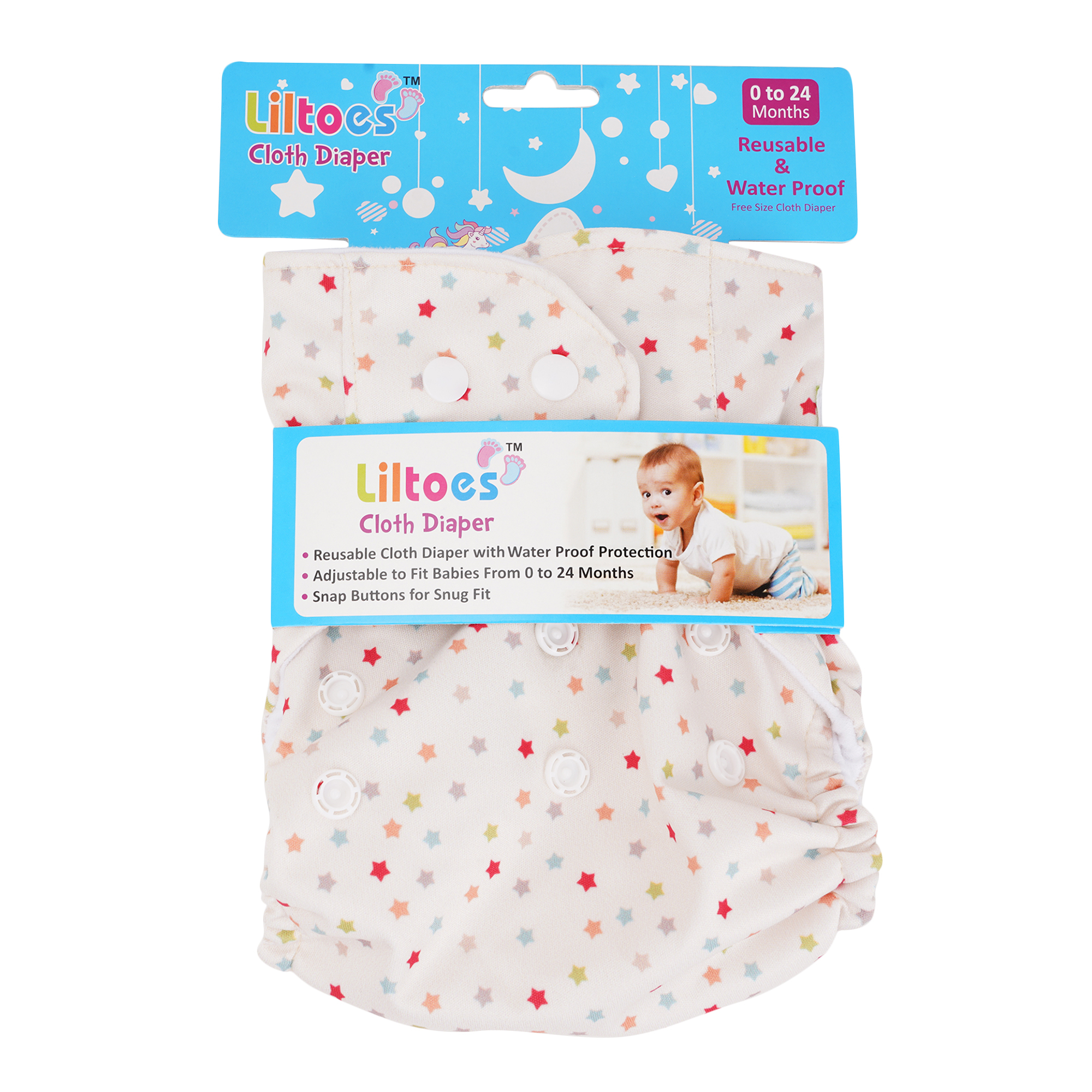 Baby Cloth Diaper - Cotton, Free Size (5 Kg - 17 Kg) , Multicolored, Adjustable For Ages 3 Months To 3 Years, 300 Wash Reusable Feature