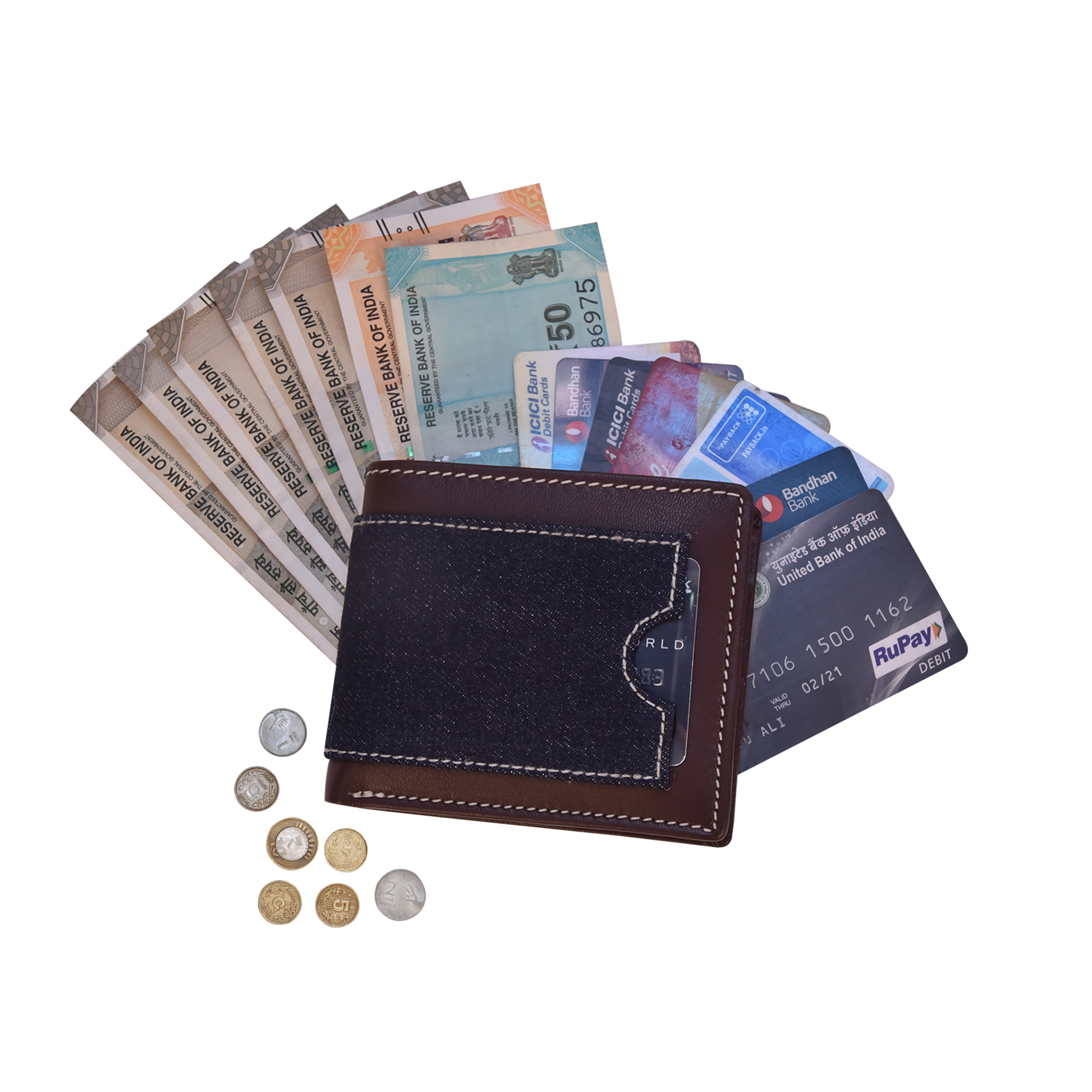 Mens Bi Fold Leather And Denim Wallet - Goat Leather & Canvas, 11 X 9.2 X 2.3 Cm, Dark Brown & Blue | Rfid Protection, Slim Fit, Gift Boxed