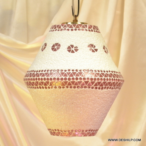 Brown And Green Dholak Shape Glass Mosaic Hanging Lamp