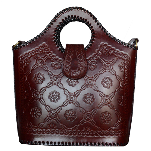Brown Ladies Leather Engraved Tote Hand Bag