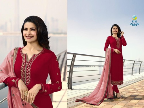 Salwar Suit - Red Georgette Fabric, Full Sleeves, Embroidered Decorative Foliage | Plus Size, Quick Dry, Cool Dry, Matching Bottom and Dupatta